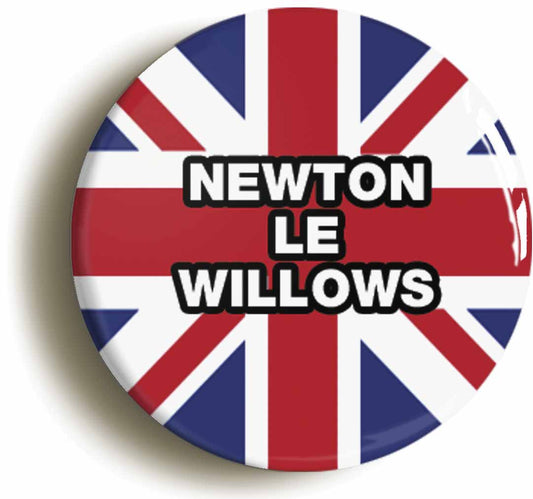 A picture of the front of the product, titled Newton-Le-Willows Union Jack Button Pin Badge