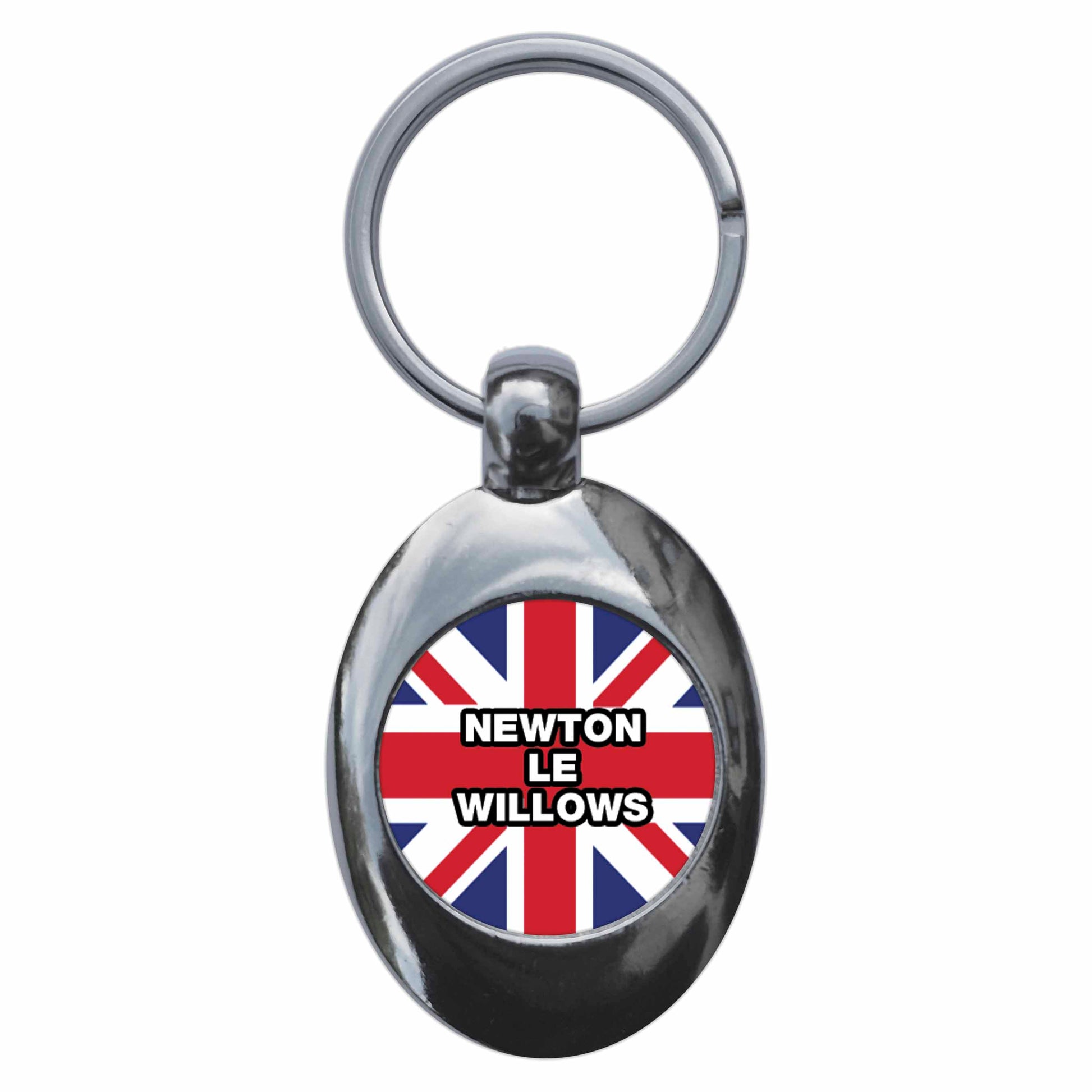 A picture of the front of the product, titled Newton-Le-Willows Union Jack Metal Keyring With Trolley Coin