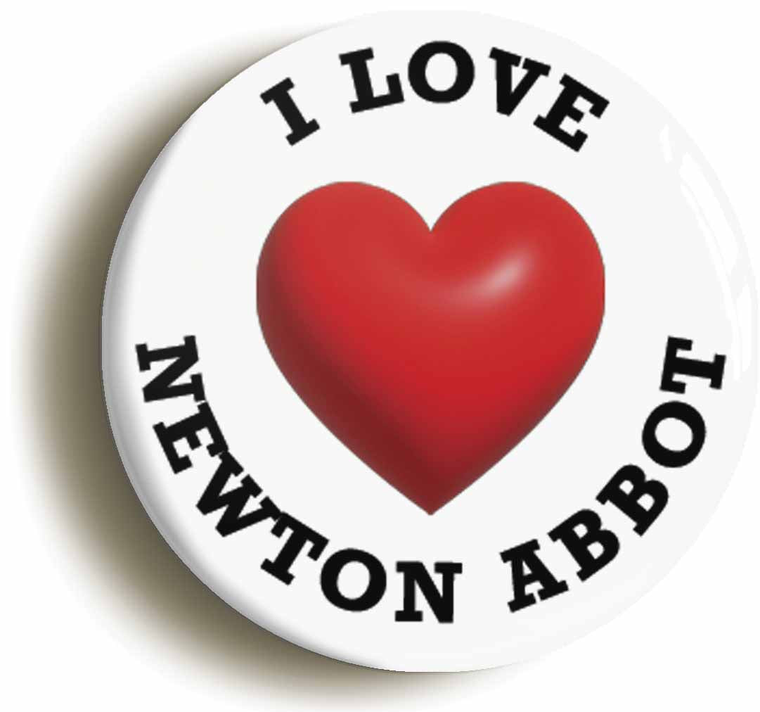 A picture of the front of the product, titled I Heart Love Newton Abbot Location Button Pin Badge