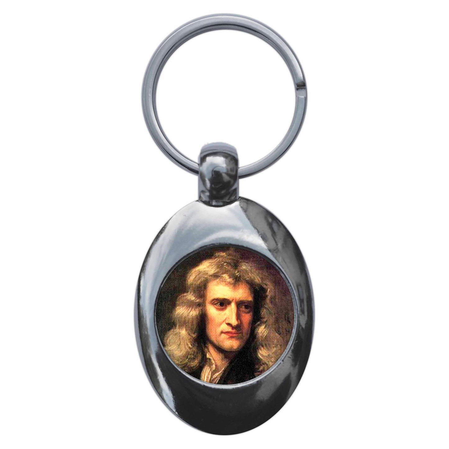 A picture of the front of the product, titled Scientist Isaac Newton Metal Keyring With Trolley Coin