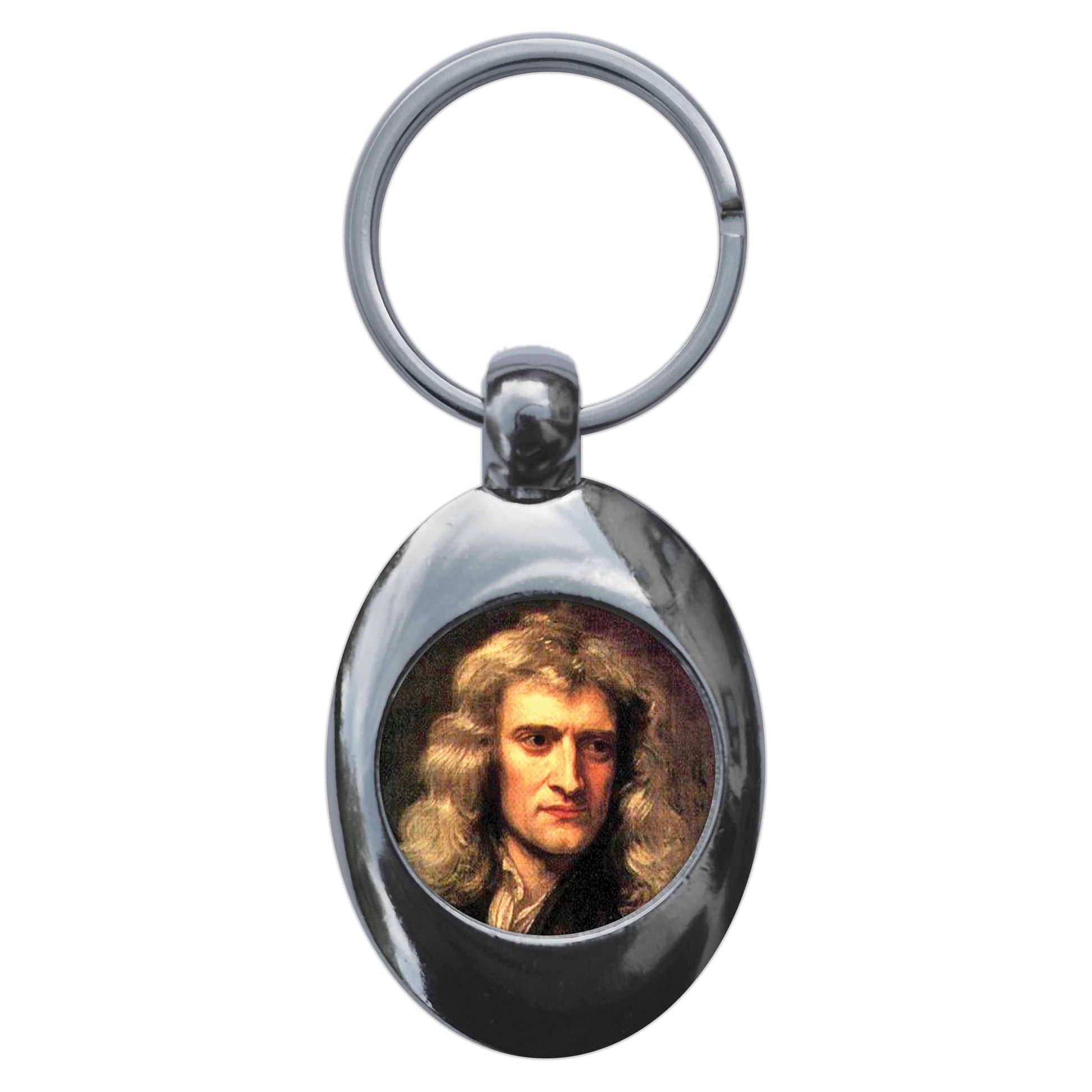 A picture of the front of the product, titled Scientist Isaac Newton Metal Keyring With Trolley Coin