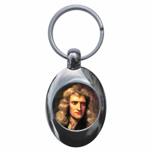 A picture of the front of the product, titled Scientist Isaac Newton Metal Keyring With Trolley Coin
