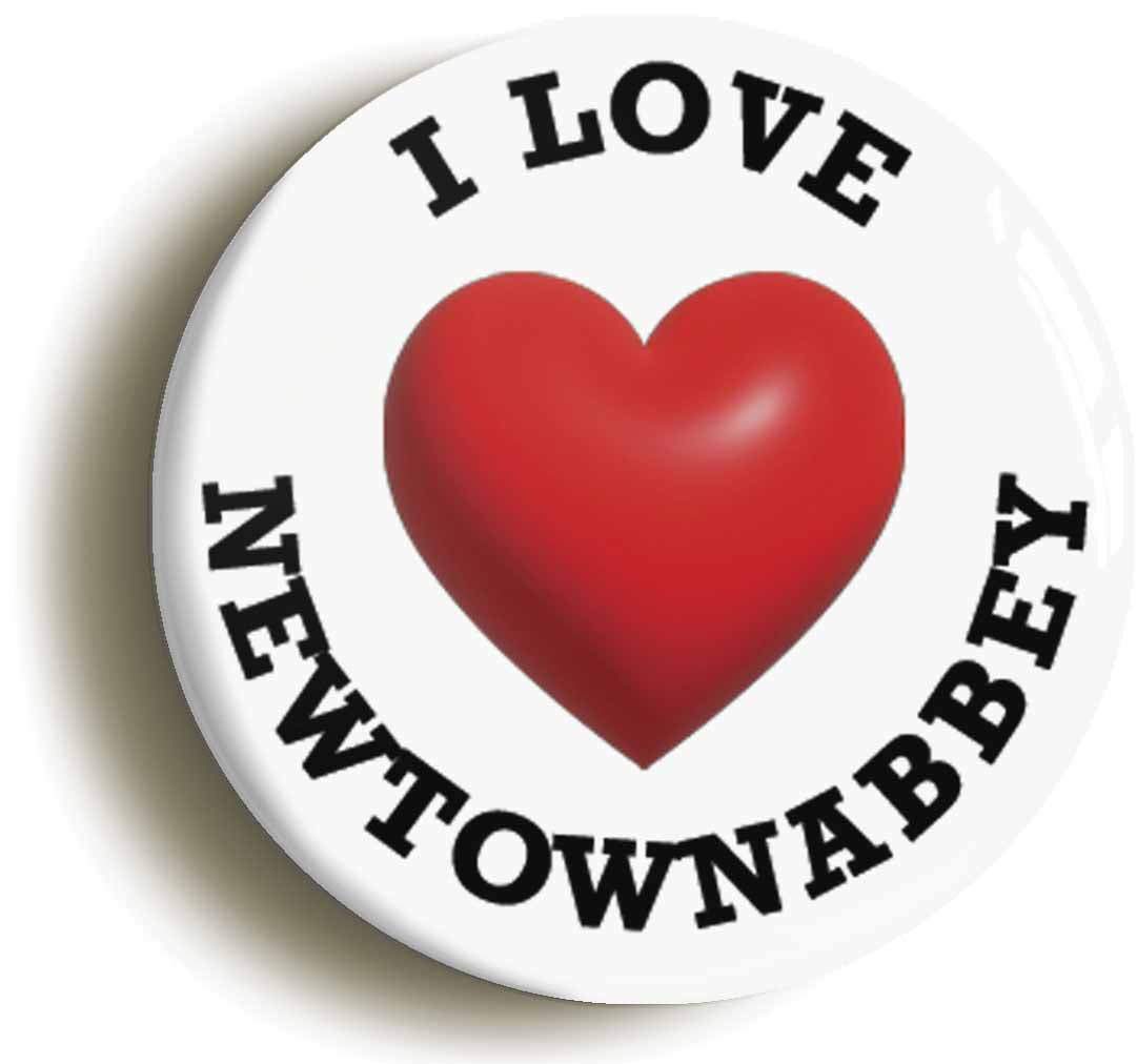A picture of the front of the product, titled I Heart Love Newtownabbey Location Button Pin Badge