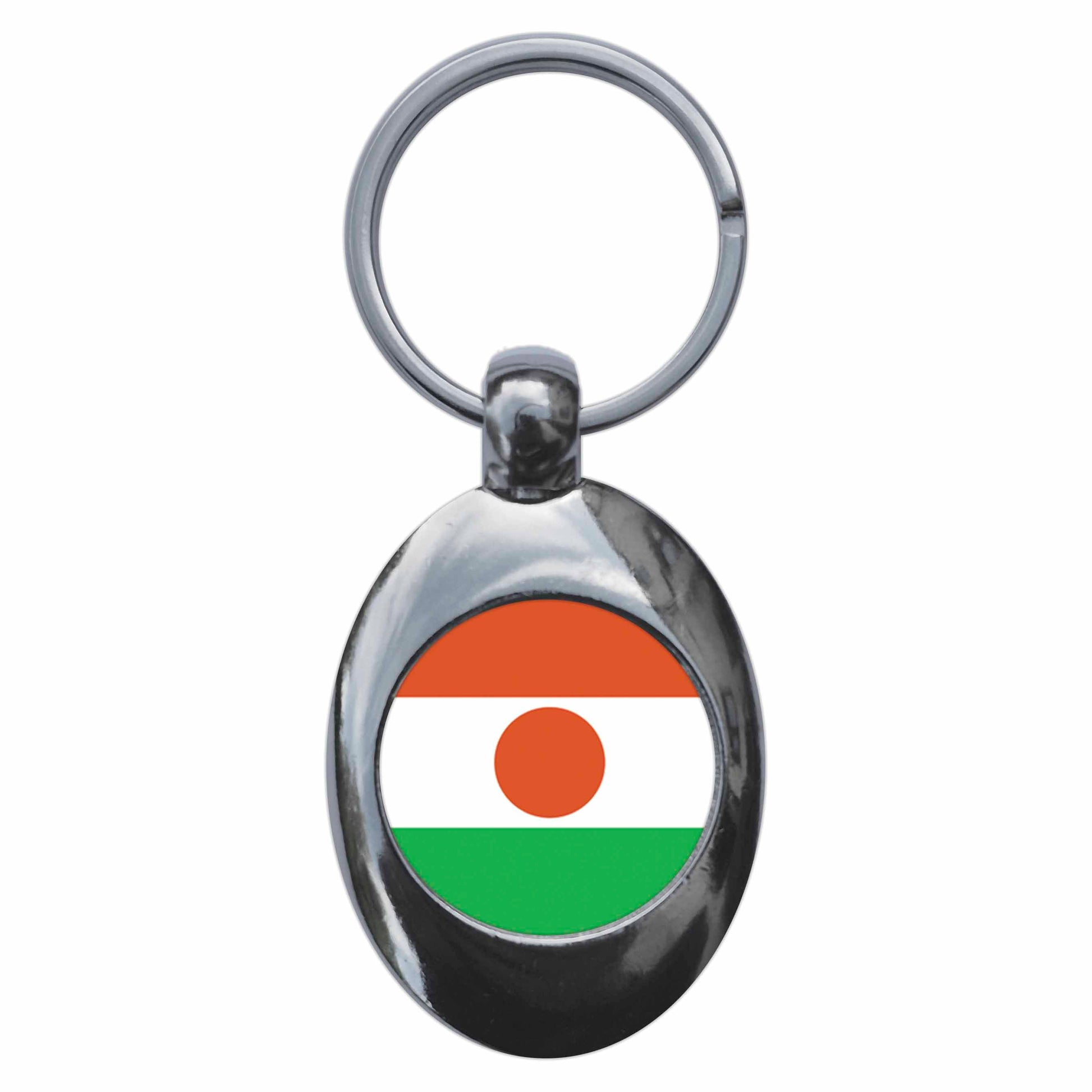 A picture of the front of the product, titled Niger Nigerien National Flag Metal Keyring With Trolley Coin