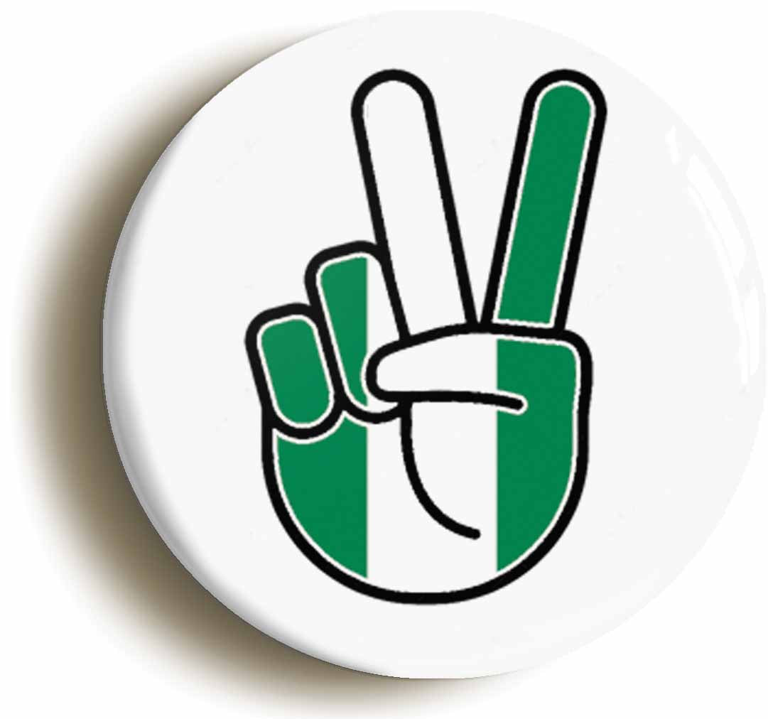 A picture of the front of the product, titled Nigeria Nigerian National Flag Peace Sign V Button Pin Badge