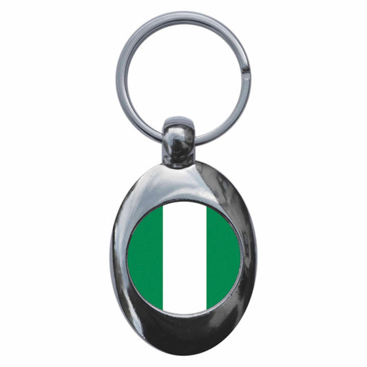 A picture of the front of the product, titled Nigeria Nigerian National Flag Metal Keyring With Trolley Coin