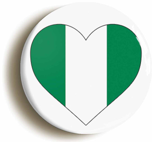 A picture of the front of the product, titled Nigerian Nigerian Flag Heart Button Pin Badge