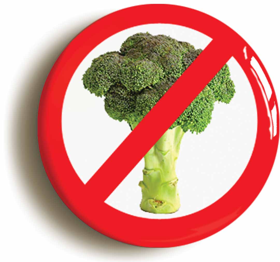 A picture of the front of the product, titled Anti Broccoli Funny Button Pin Badge
