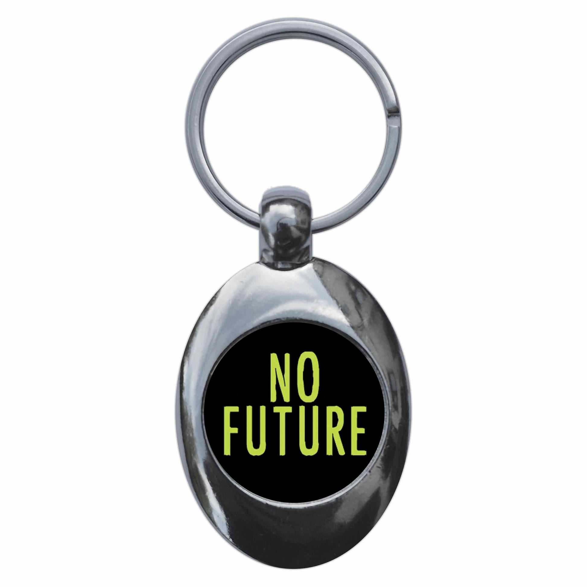 A picture of the front of the product, titled No Future Punk Metal Keyring With Trolley Coin