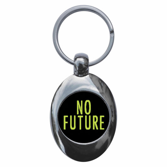 A picture of the front of the product, titled No Future Punk Metal Keyring With Trolley Coin