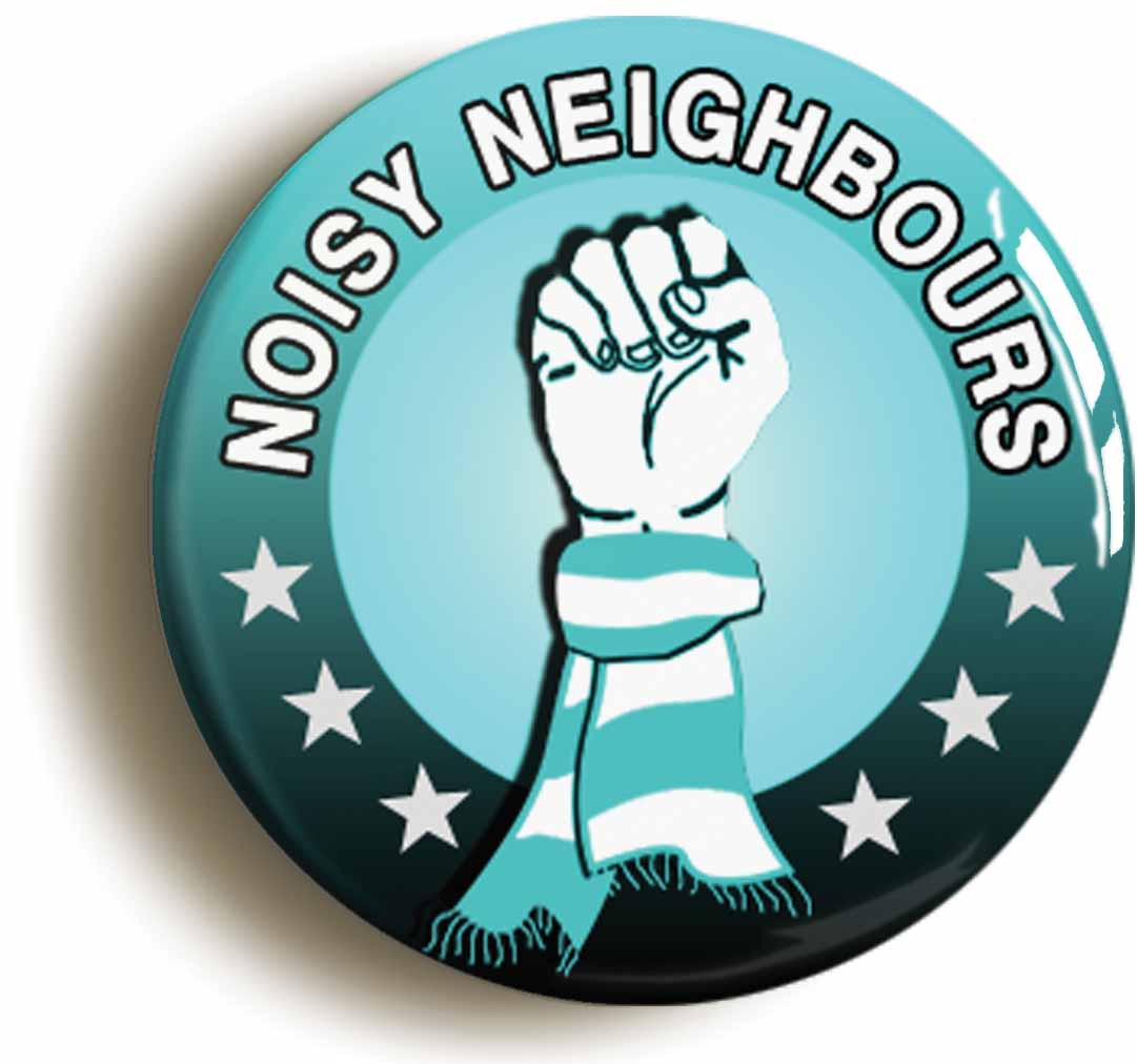 A picture of the front of the product, titled Noisy Neighbours Button Pin Badge
