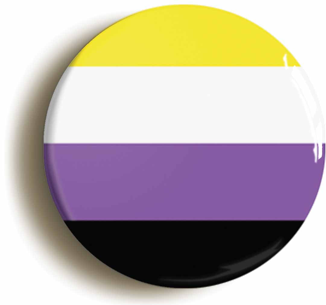 A picture of the front of the product, titled Nonbinary Pride LGBT Flag Button Pin Badge