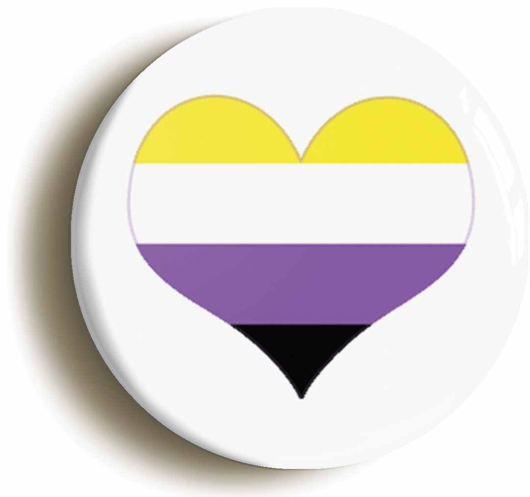 A picture of the front of the product, titled Nonbinary Heart LGBTQ Pride Button Pin Badge