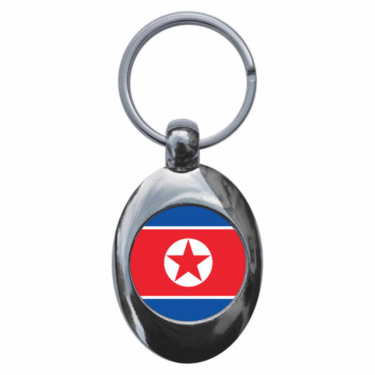 A picture of the front of the product, titled North Korea Communist Korean National Flag Metal Keyring With Trolley Coin
