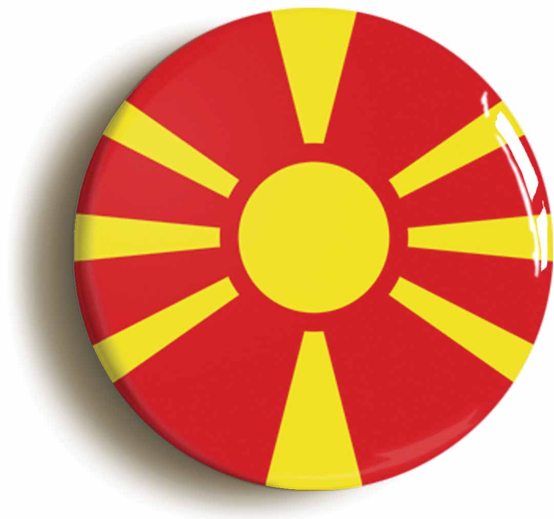 A picture of the front of the product, titled North Macedonia Macedonian National Flag Button Pin Badge