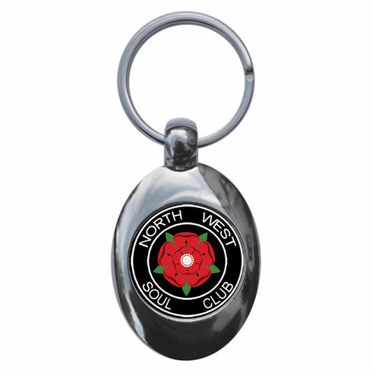 A picture of the front of the product, titled Northern Soul North West Soul Club Metal Keyring With Trolley Coin