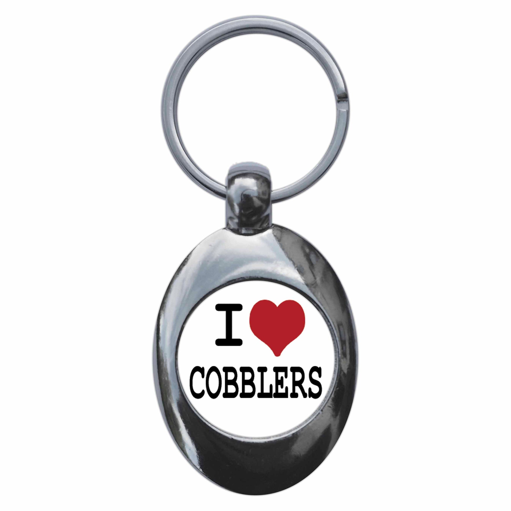 A picture of the front of the product, titled I Heart Love Cobblers Metal Keyring With Trolley Coin