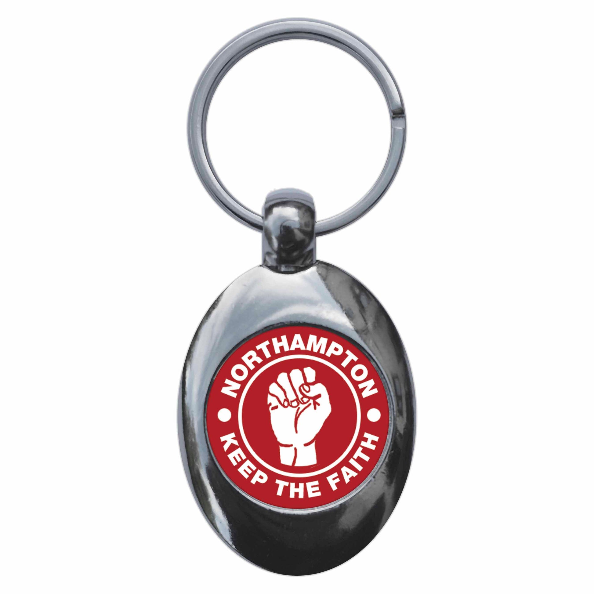 A picture of the front of the product, titled Northampton Keep The Faith Northern Soul Metal Keyring With Trolley Coin