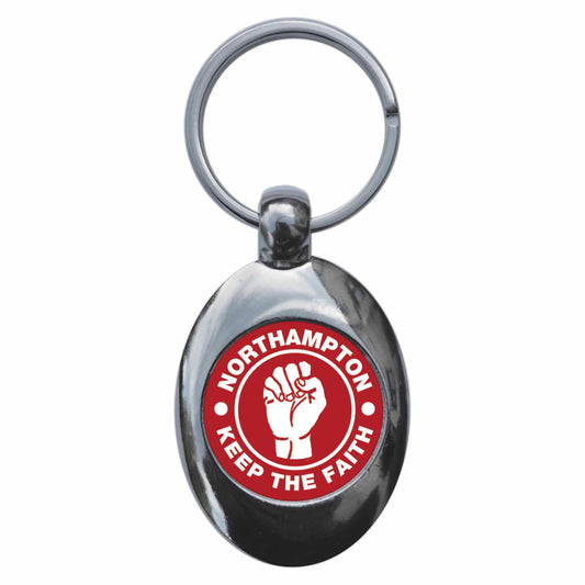 A picture of the front of the product, titled Northampton Keep The Faith Northern Soul Metal Keyring With Trolley Coin