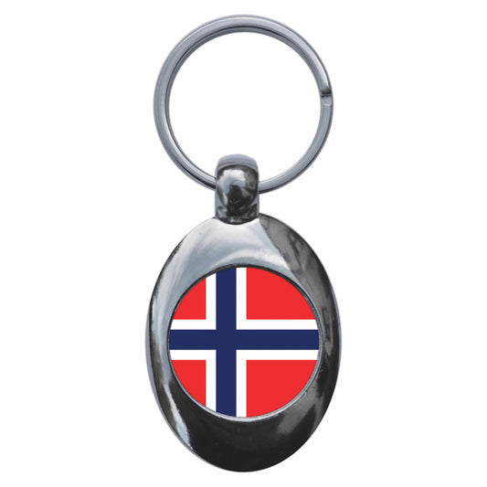 A picture of the front of the product, titled Norway Norwegian National Flag Metal Keyring With Trolley Coin
