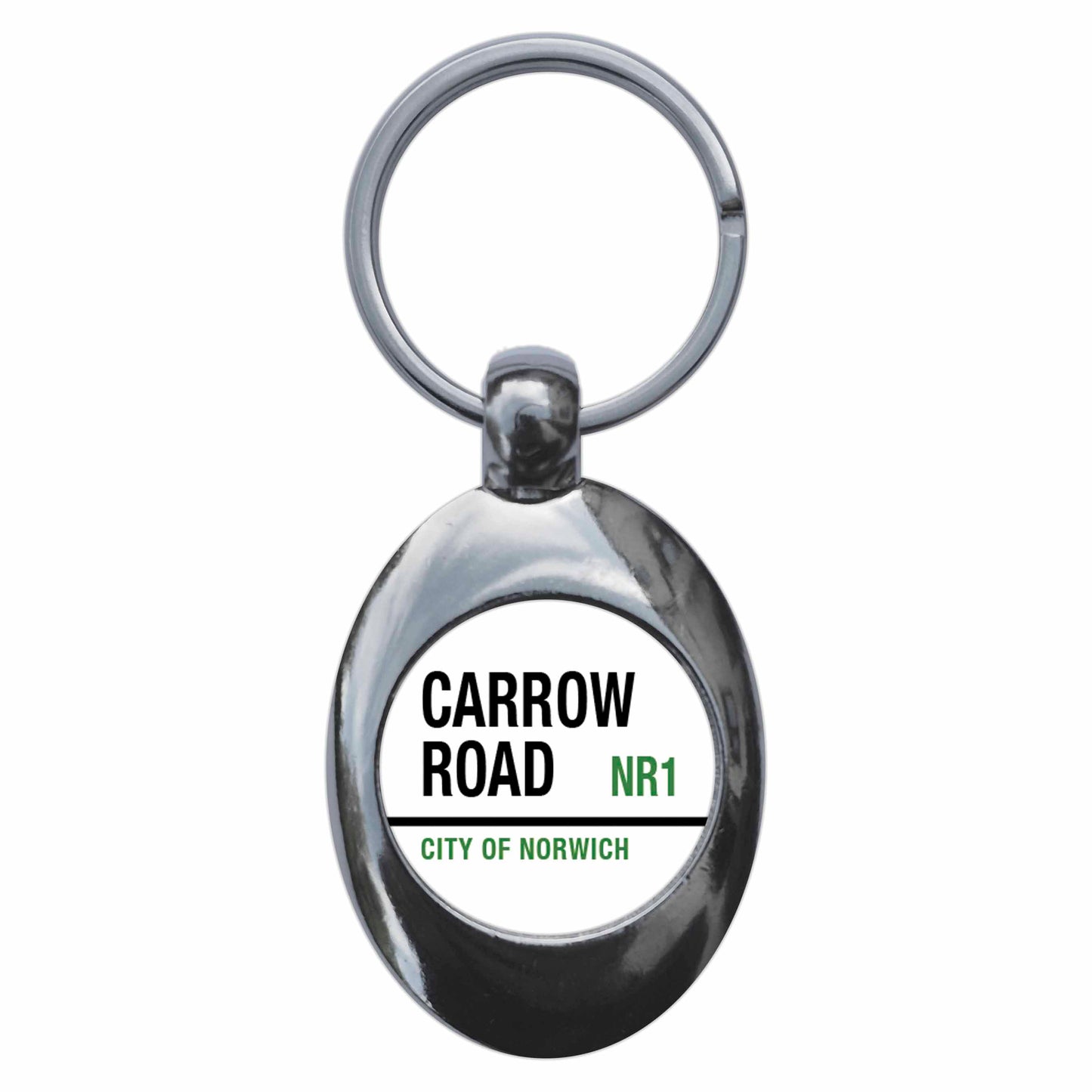 A picture of the front of the product, titled Carrow Road NR1 City Of Norwich Road Sign Metal Keyring With Trolley Coin
