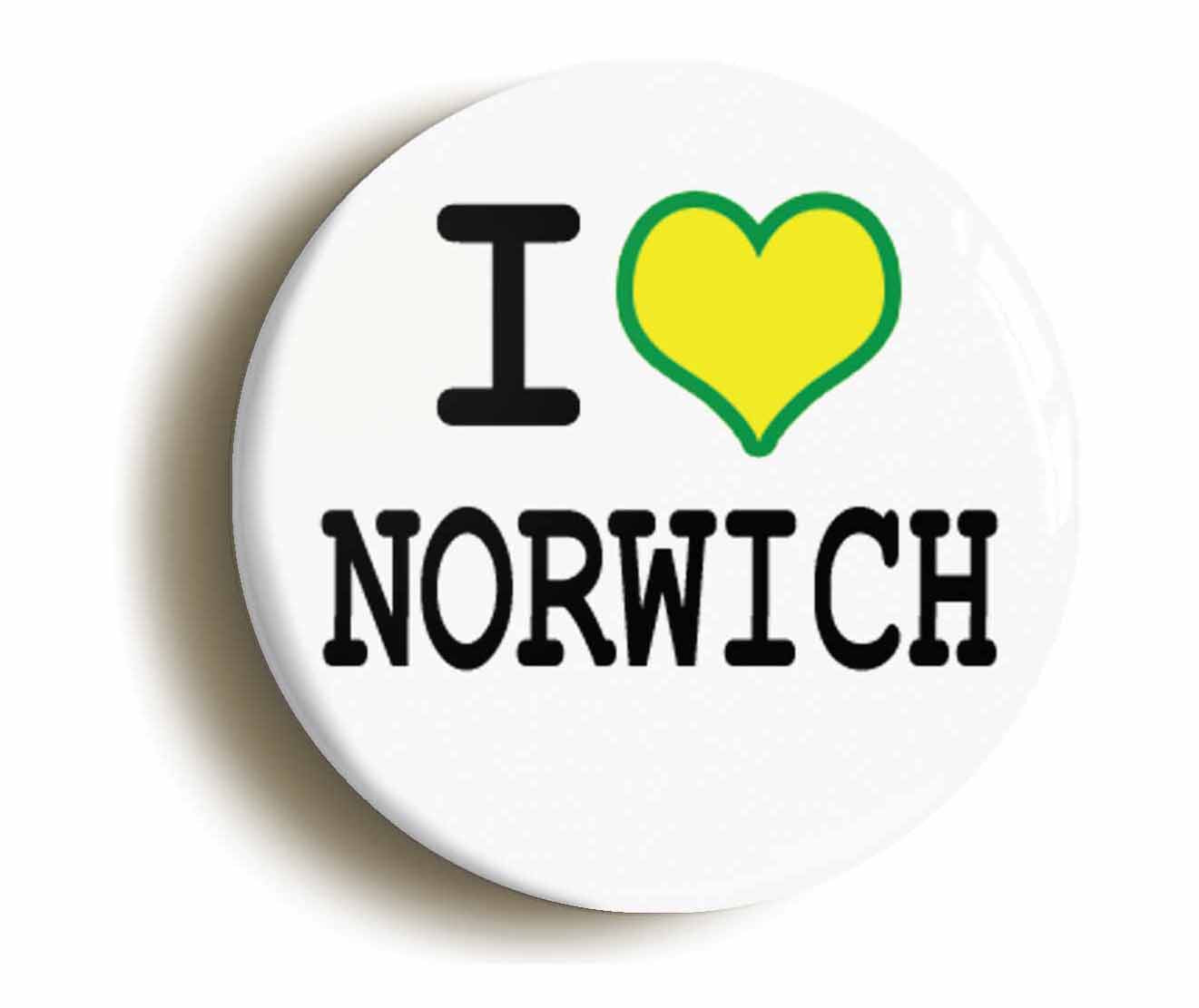 A picture of the front of the product, titled I Heart Love Norwich Button Pin Badge