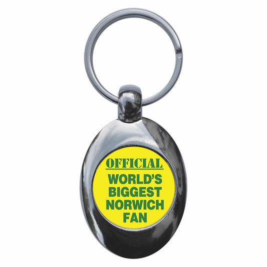 A picture of the front of the product, titled World's Biggest Norwich Fan Metal Keyring With Trolley Coin