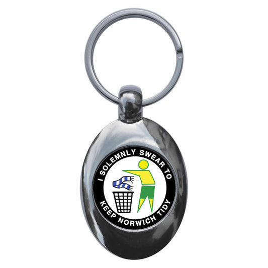 A picture of the front of the product, titled I Solemnly Swear To Keep Norwich Tidy Metal Keyring With Trolley Coin