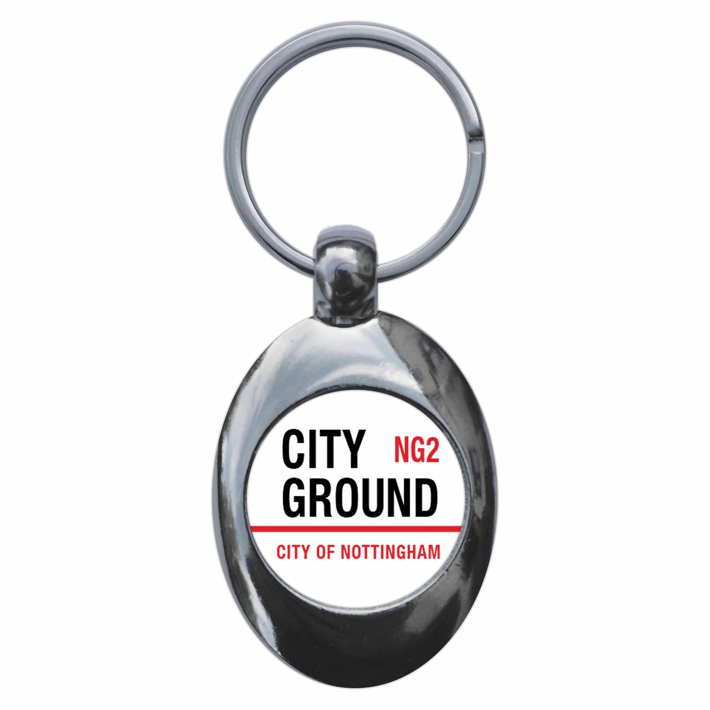 A picture of the front of the product, titled City Ground NG2 Nottinhgam Road Sign Metal Keyring With Trolley Coin