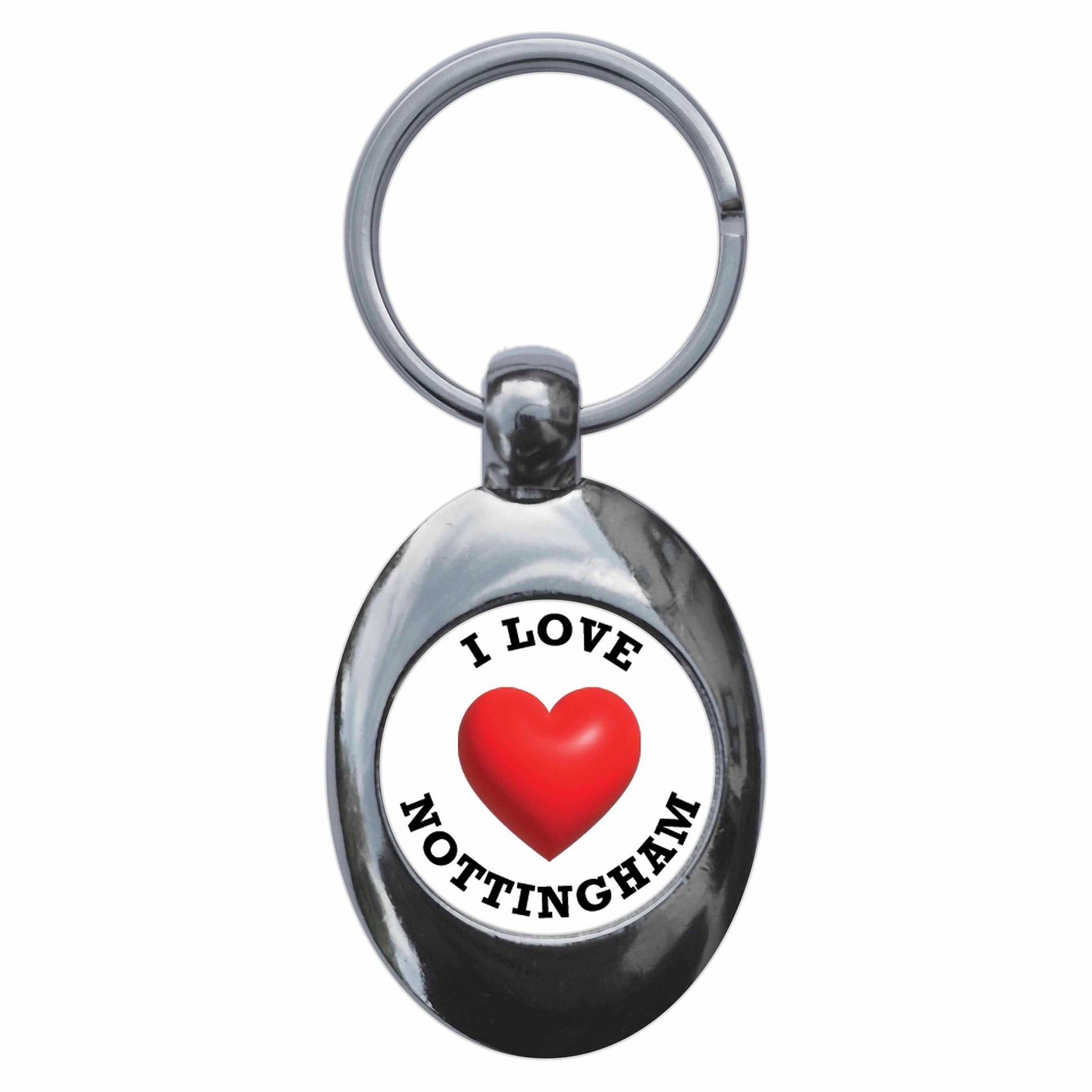 A picture of the front of the product, titled I Heart Love Nottingham Metal Keyring With Trolley Coin