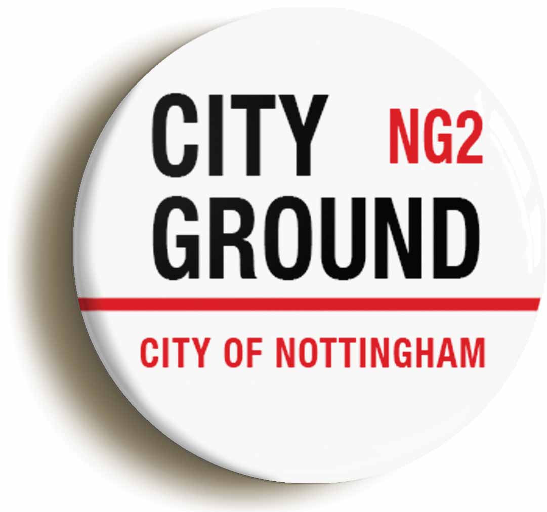 A picture of the front of the product, titled City Ground NG2 Nottinhgam Road Sign Circular 50mm Fridge Magnet
