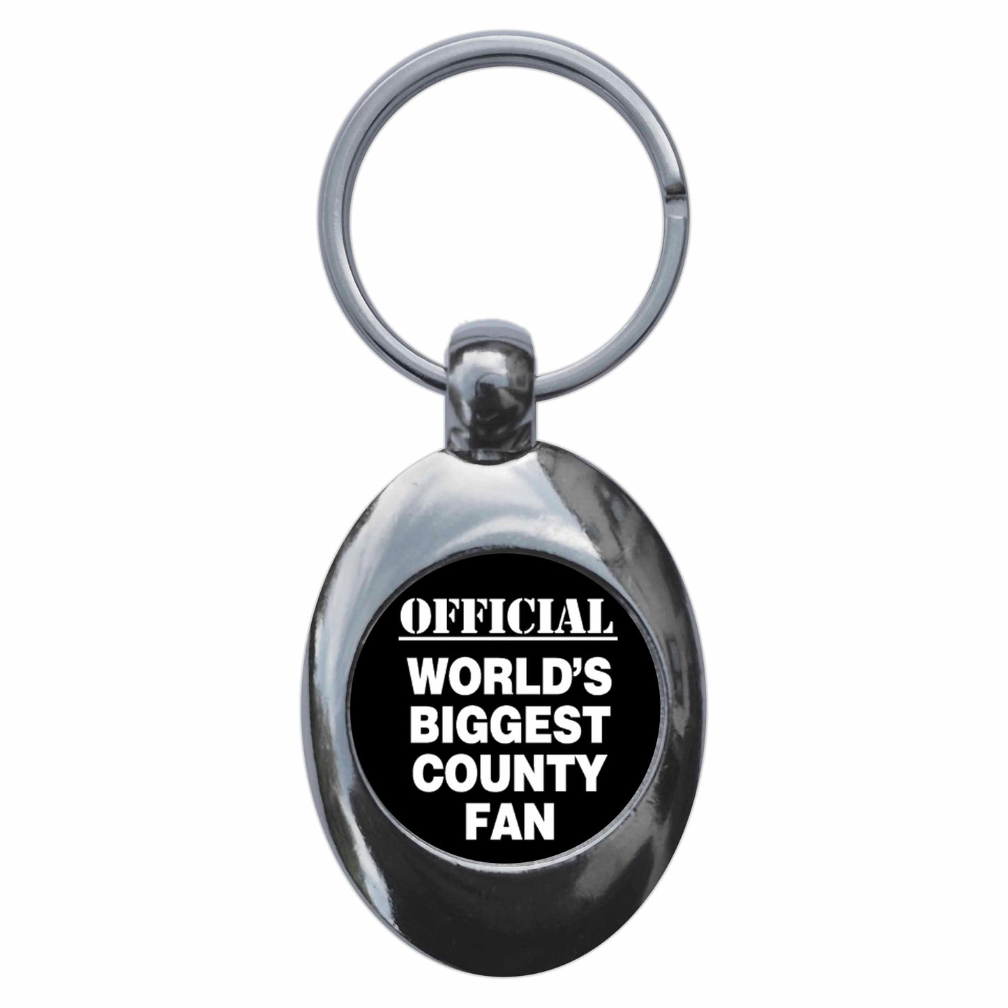 A picture of the front of the product, titled World's Biggest County Fan Metal Keyring With Trolley Coin