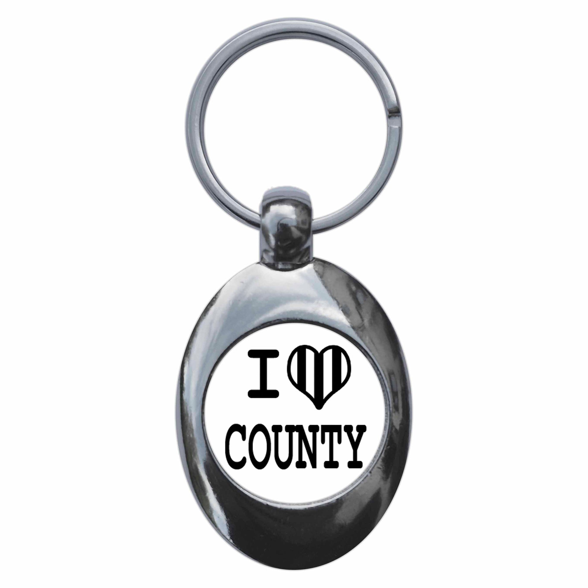A picture of the front of the product, titled I Heart Love County Metal Keyring With Trolley Coin