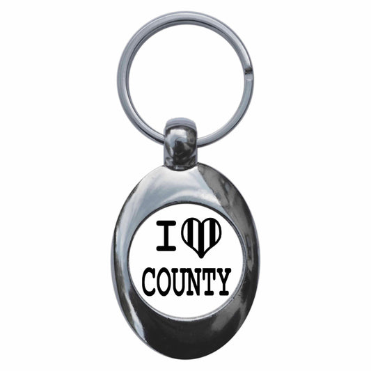 A picture of the front of the product, titled I Heart Love County Metal Keyring With Trolley Coin