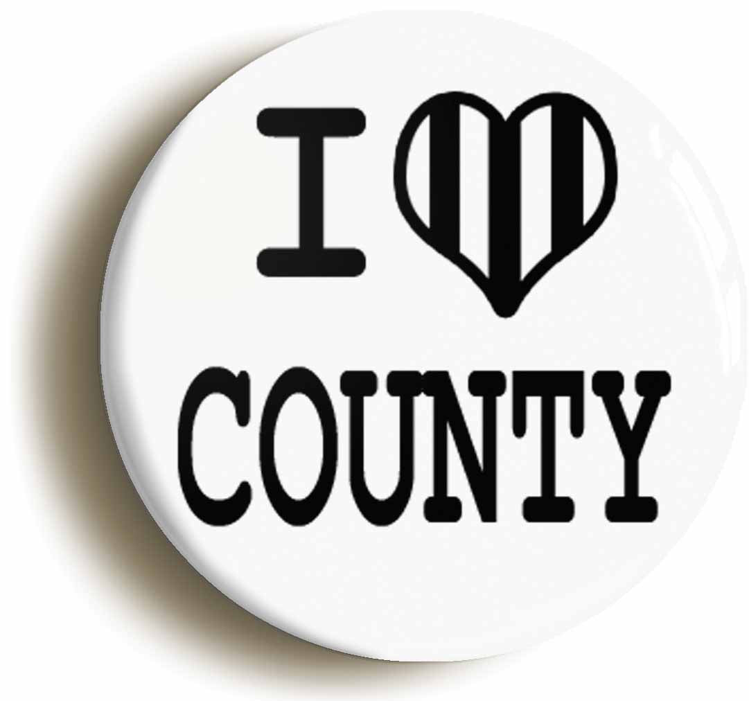 A picture of the front of the product, titled I Heart Love County Circular 50mm Fridge Magnet