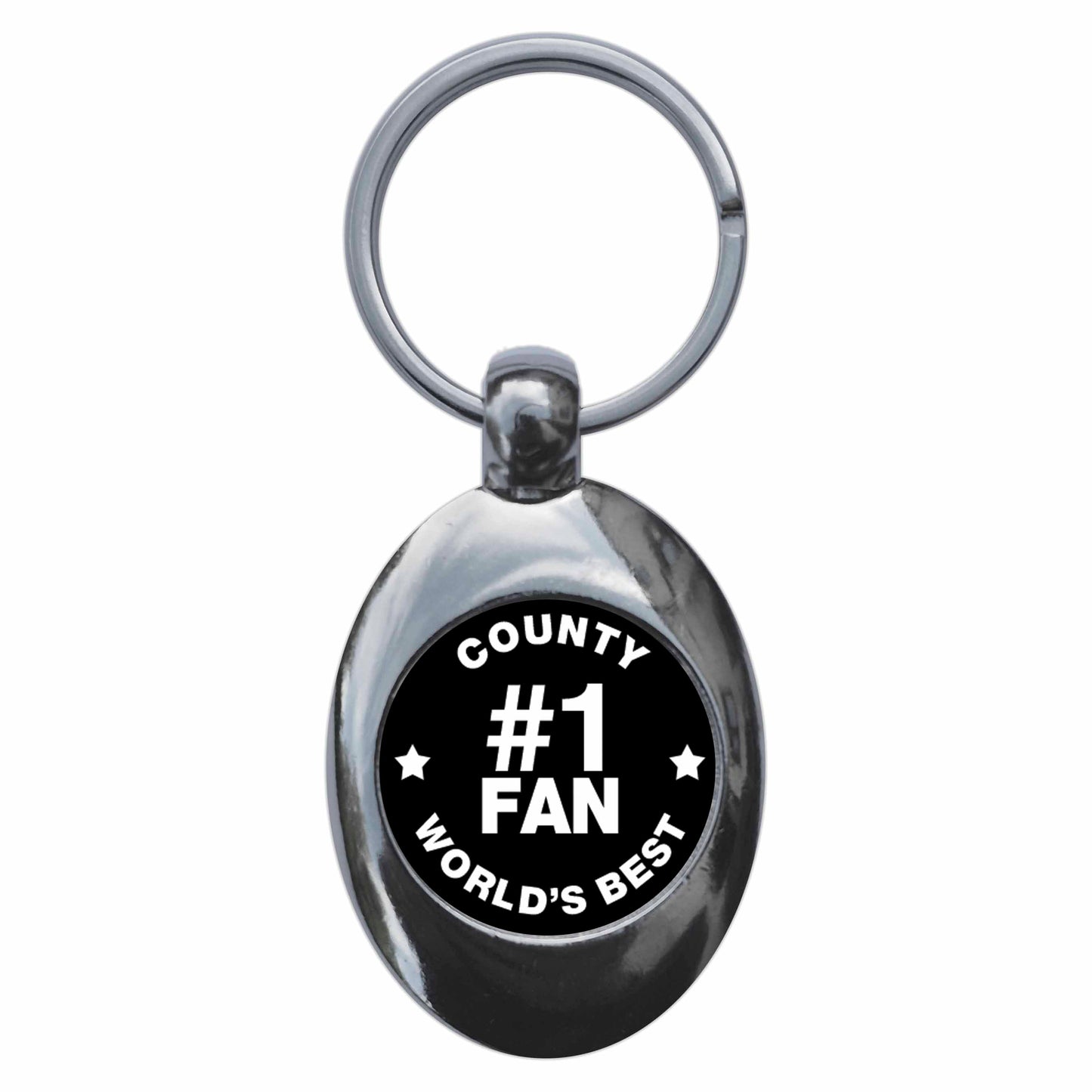 A picture of the front of the product, titled County #1 Fan Metal Keyring With Trolley Coin