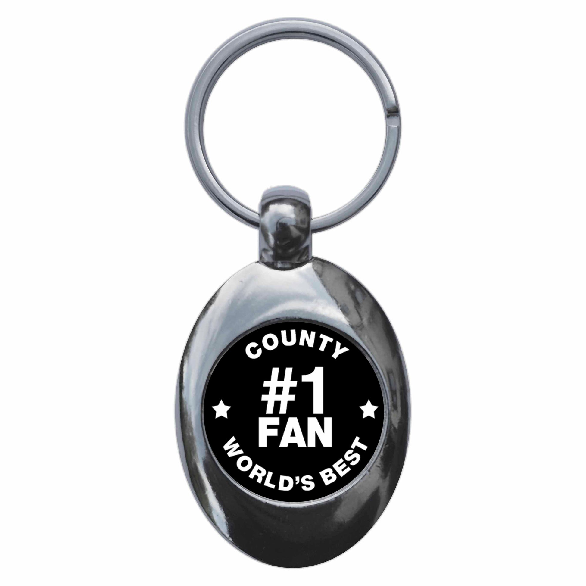 A picture of the front of the product, titled County #1 Fan Metal Keyring With Trolley Coin