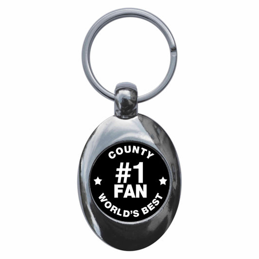 A picture of the front of the product, titled County #1 Fan Metal Keyring With Trolley Coin
