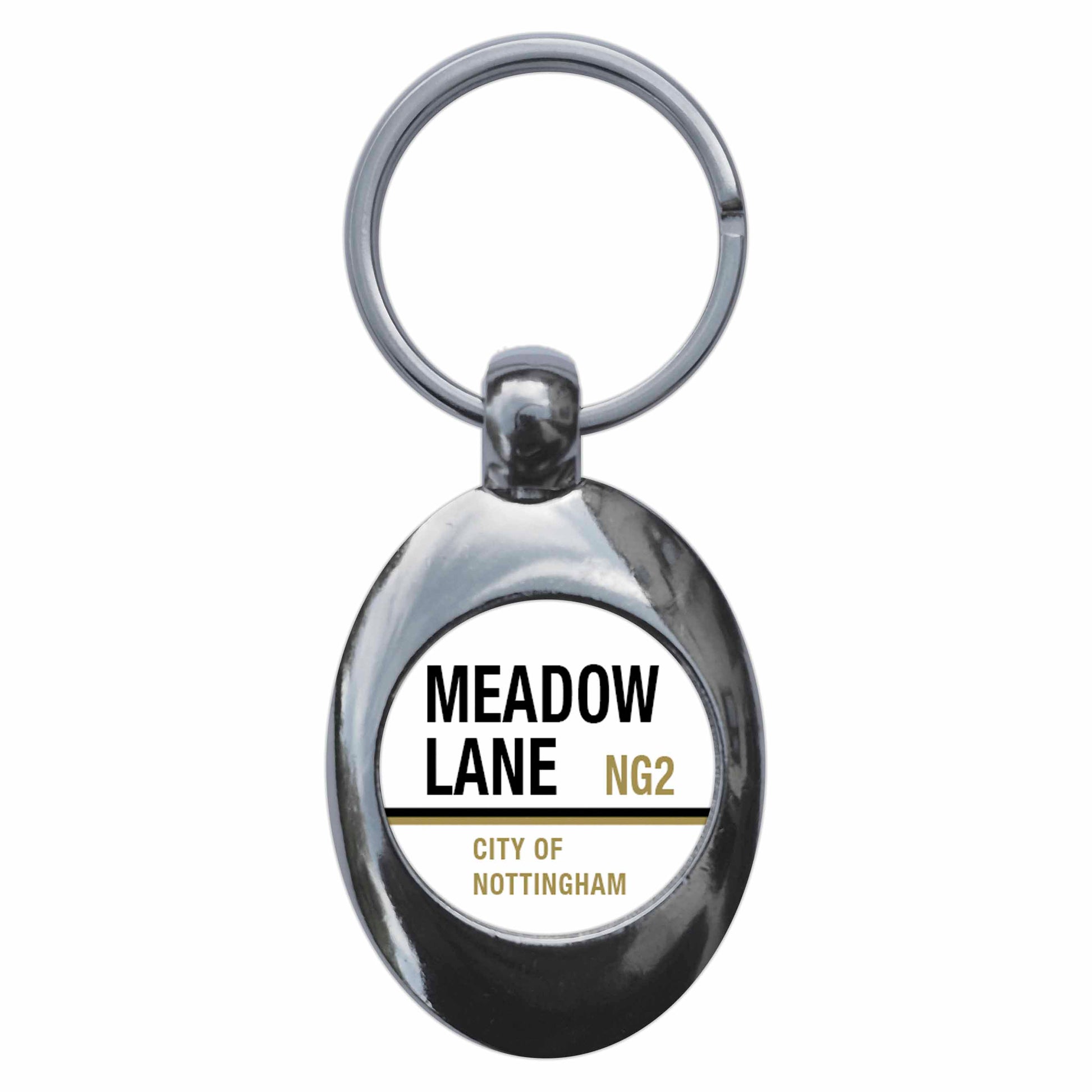 A picture of the front of the product, titled Meadow Lane NG2 Nottingham Road Sign Metal Keyring With Trolley Coin