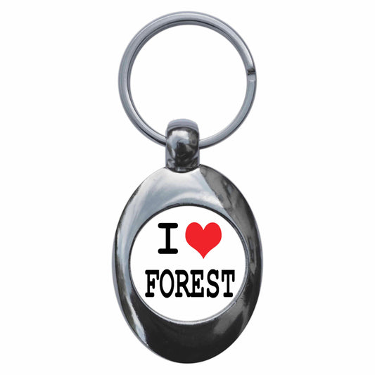 A picture of the front of the product, titled I Heart Love Forest Metal Keyring With Trolley Coin