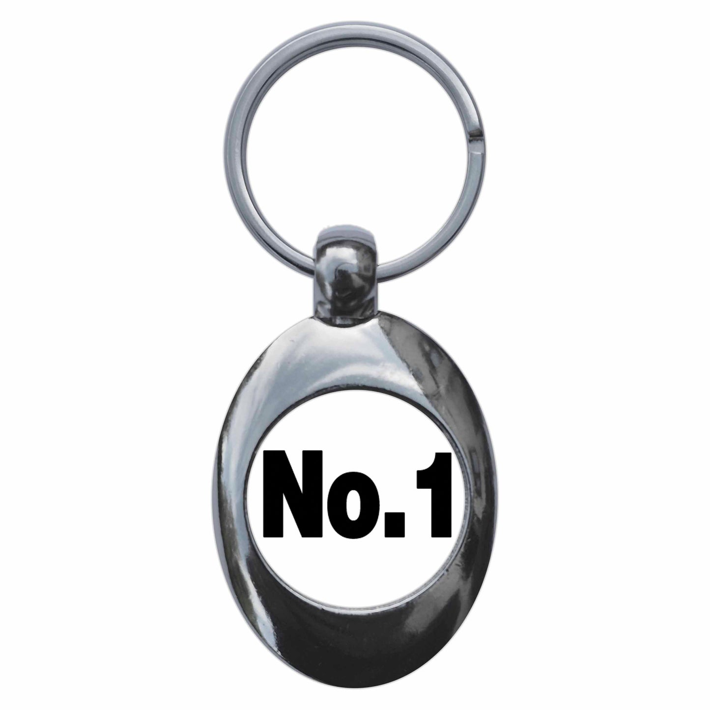A picture of the front of the product, titled Number One 1 Metal Keyring With Trolley Coin