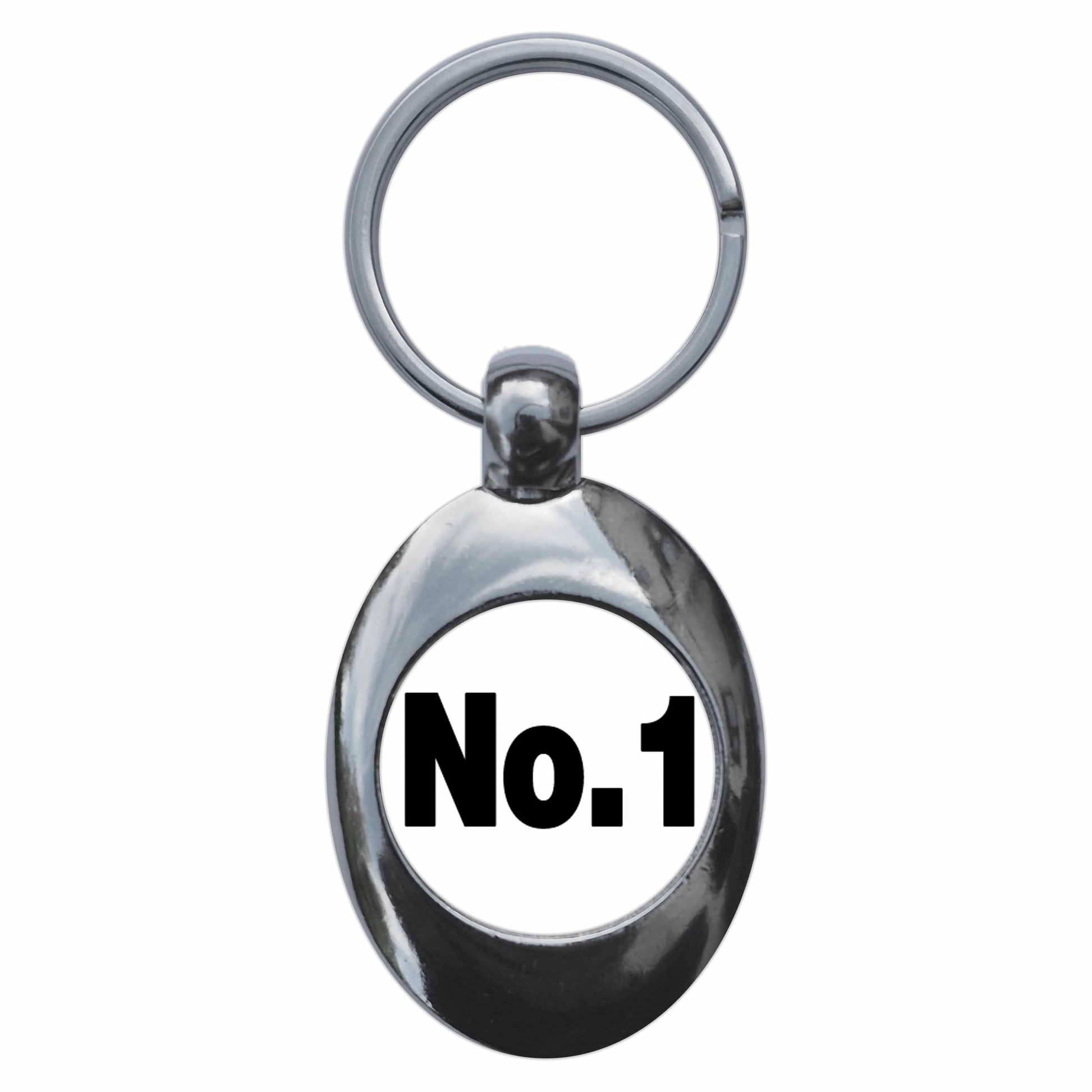 A picture of the front of the product, titled Number One 1 Metal Keyring With Trolley Coin