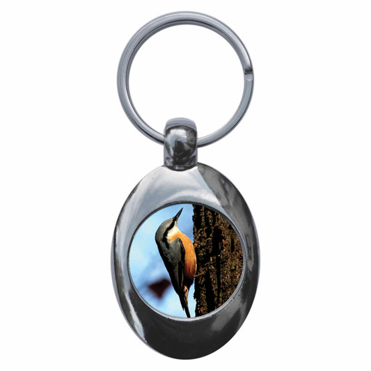 A picture of the front of the product, titled Nuthatch Metal Keyring With Trolley Coin