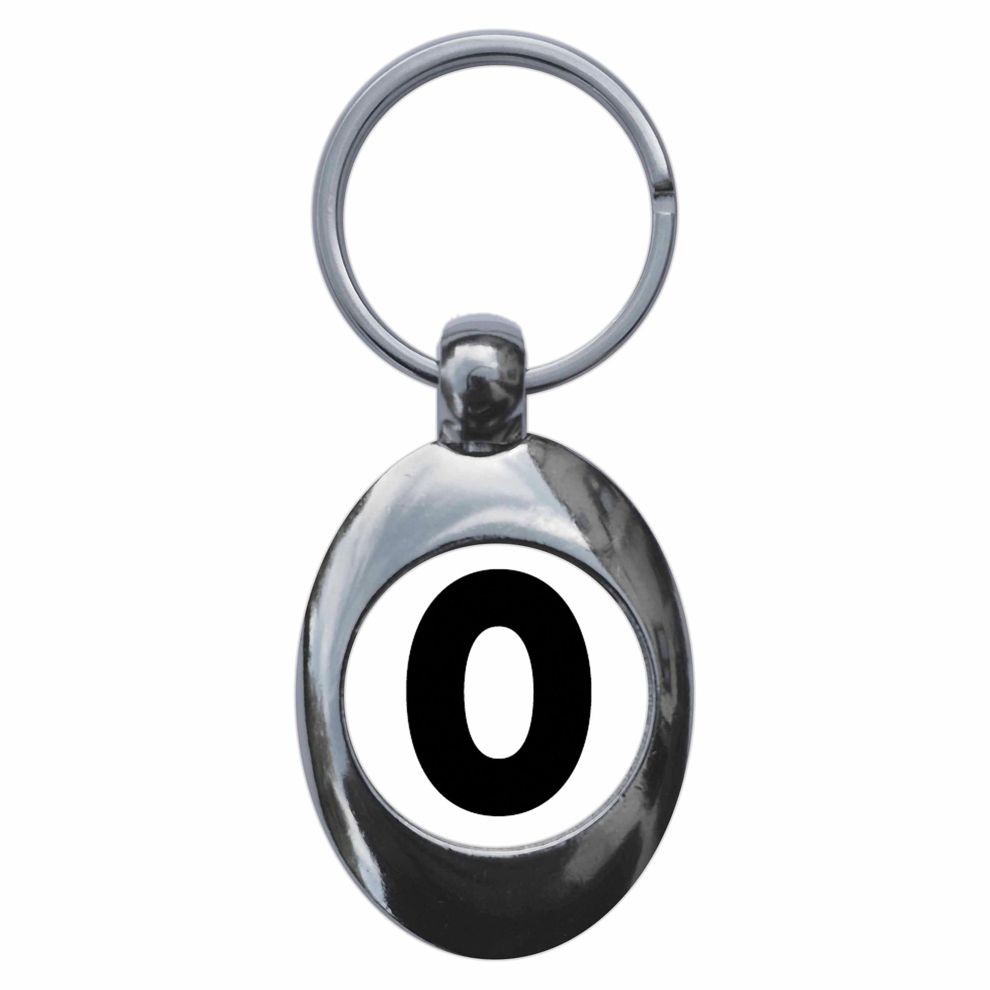 A picture of the front of the product, titled Letter O Metal Keyring With Trolley Coin