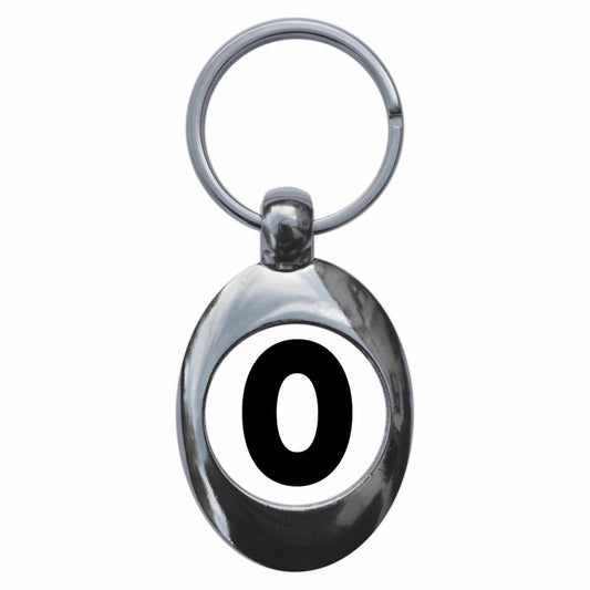 A picture of the front of the product, titled Letter O Metal Keyring With Trolley Coin