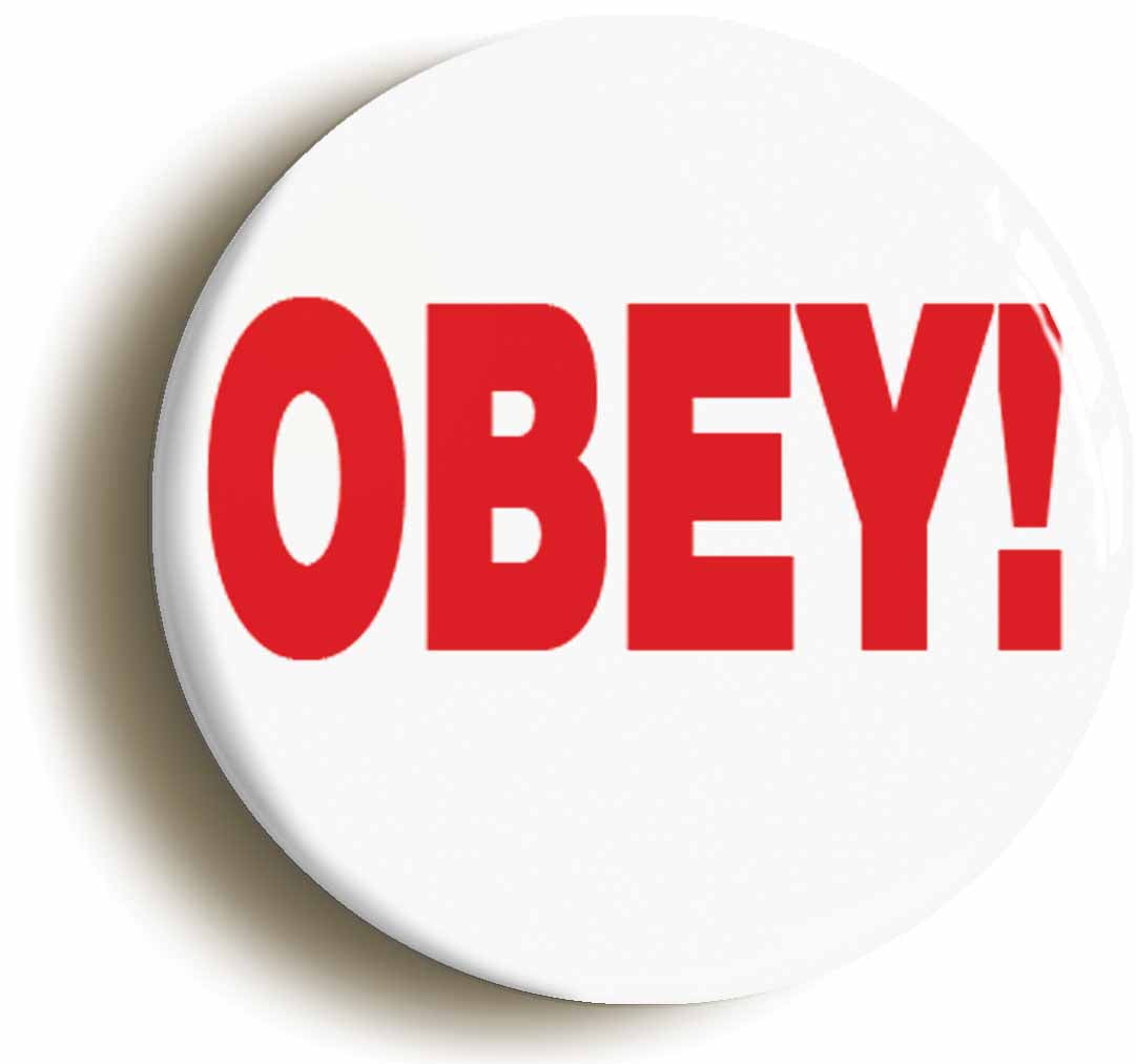 A picture of the front of the product, titled Obey Funny Manager Boss Button Pin Badge