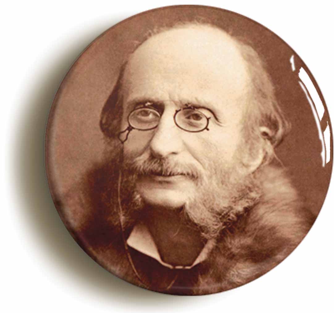 A picture of the front of the product, titled Jacques Offenbach Romantic Classical Music Button Pin Badge