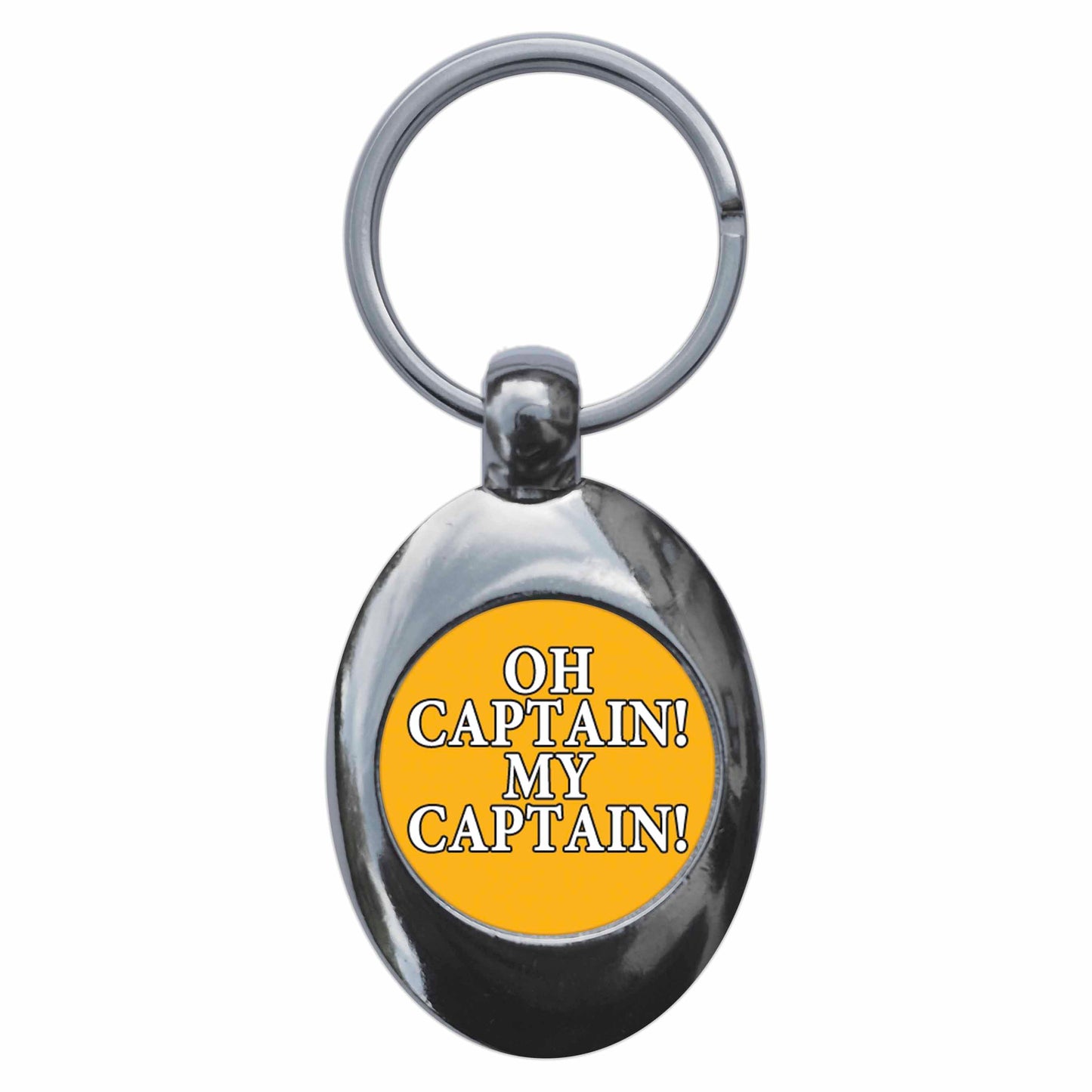 A picture of the front of the product, titled Oh Captain My Captain Walt Whitman Poet Metal Keyring With Trolley Coin