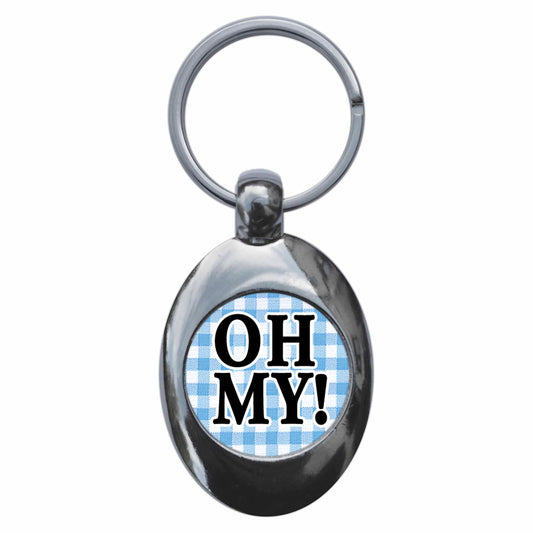 A picture of the front of the product, titled Oh My Wizard Oz Dorothy Metal Keyring With Trolley Coin