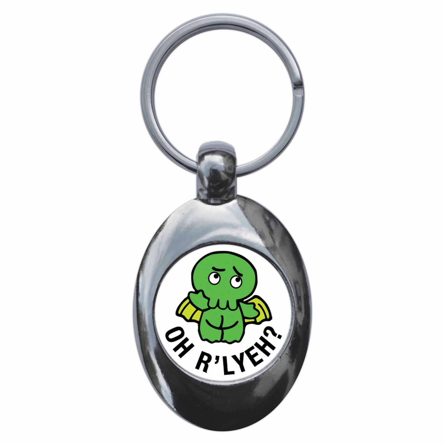 A picture of the front of the product, titled Oh R'lyeh? Cthulhu Metal Keyring With Trolley Coin